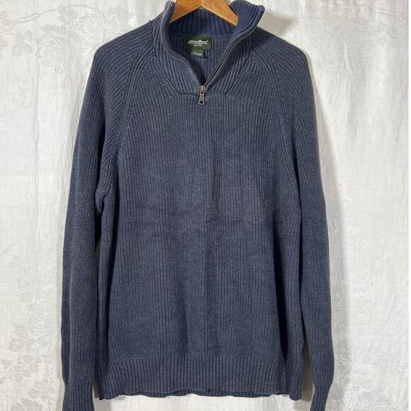 Eddie Bauer Sweater XXL Blue Chunky Knit 1/4 Zip Mock Collar - Picture 1 of 11